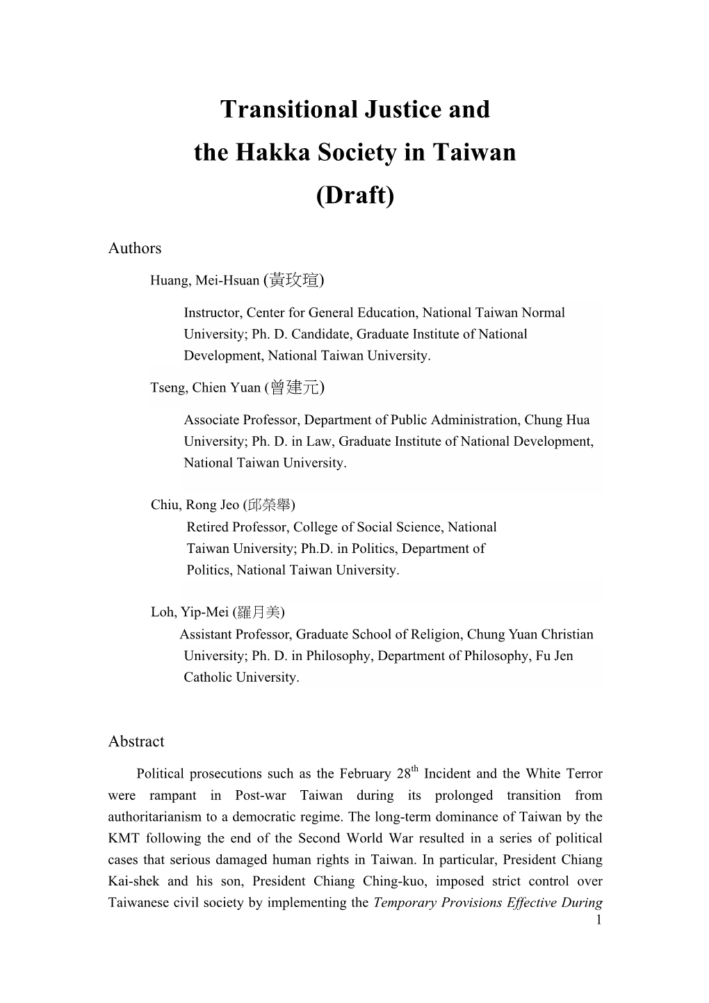Transitional Justice and the Hakka Society in Taiwan (Draft)