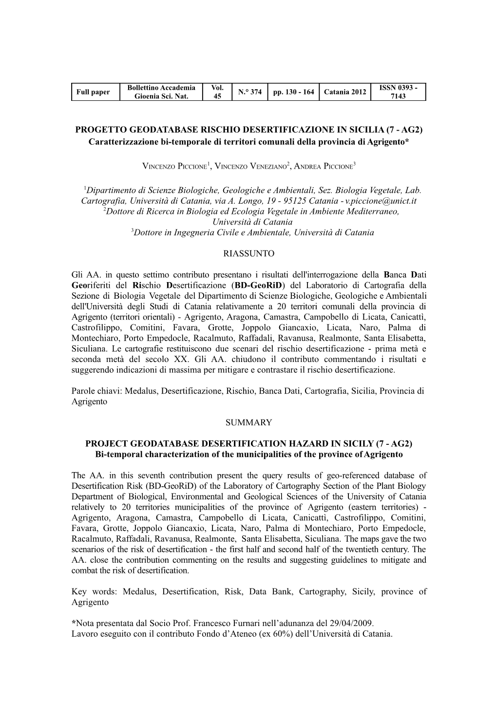 Contributo Allo Studio Della Desertificazione in Sicilia Su Base Climatica