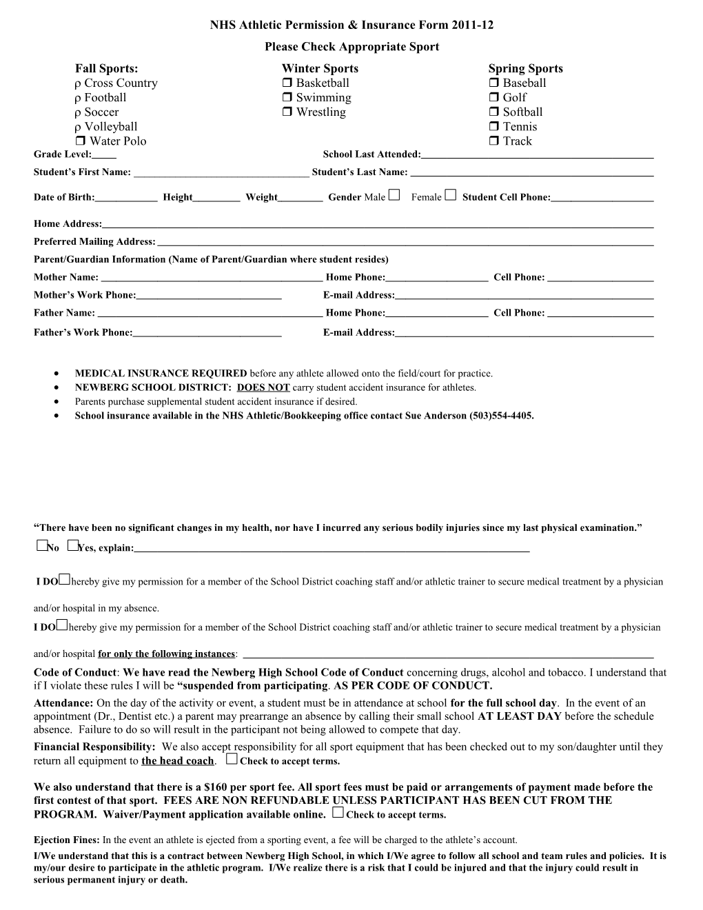 NHS Athletic Permission & Insurance Form 2011-12