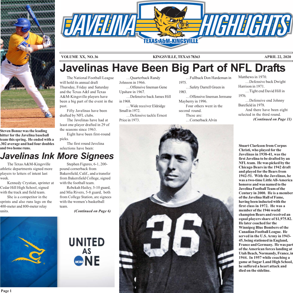 Javelinas Have Been Big Part of NFL Drafts the National Football League …Quarterback Randy …Fullback Don Hardeman in Matthews in 1970