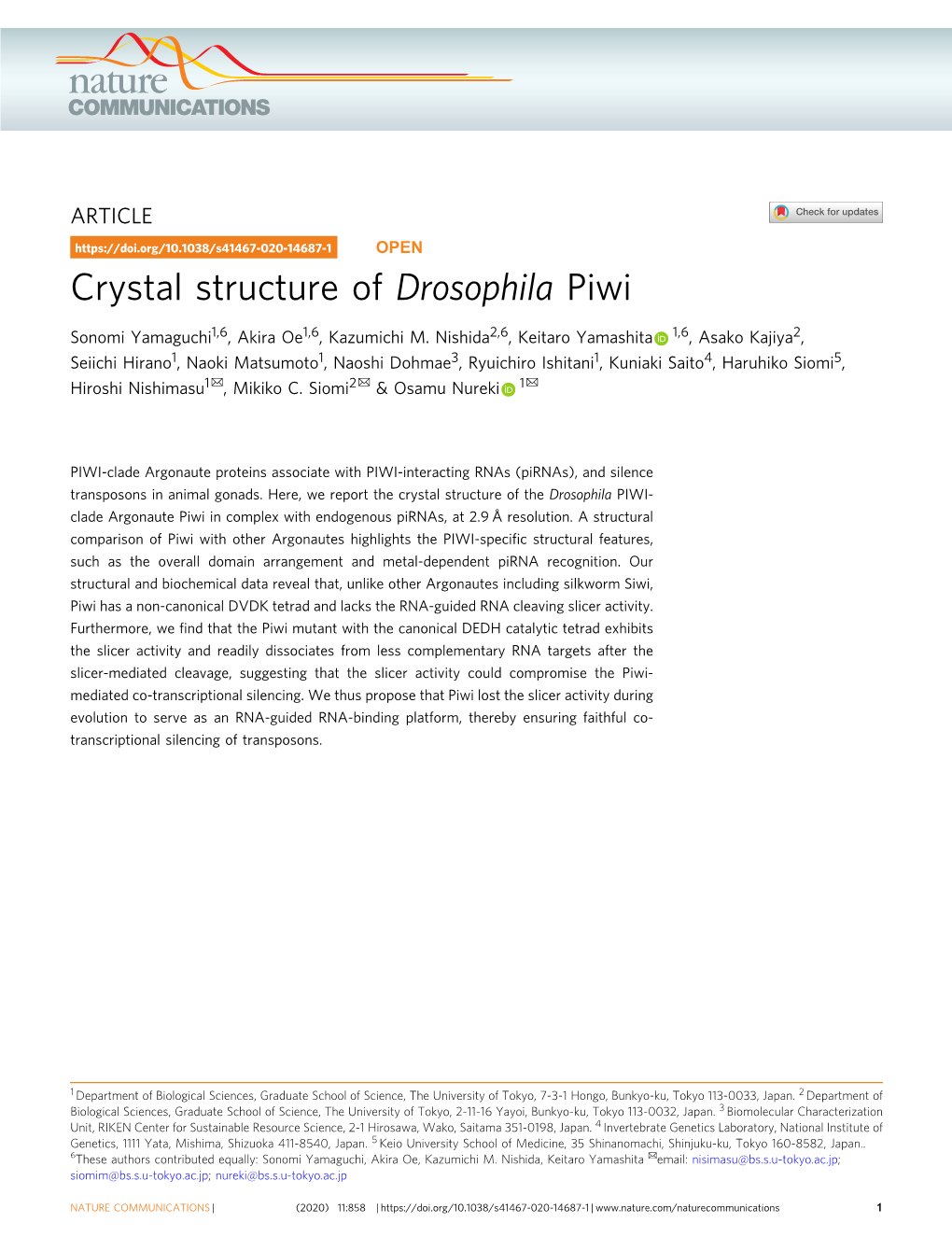 Crystal Structure of Drosophila Piwi