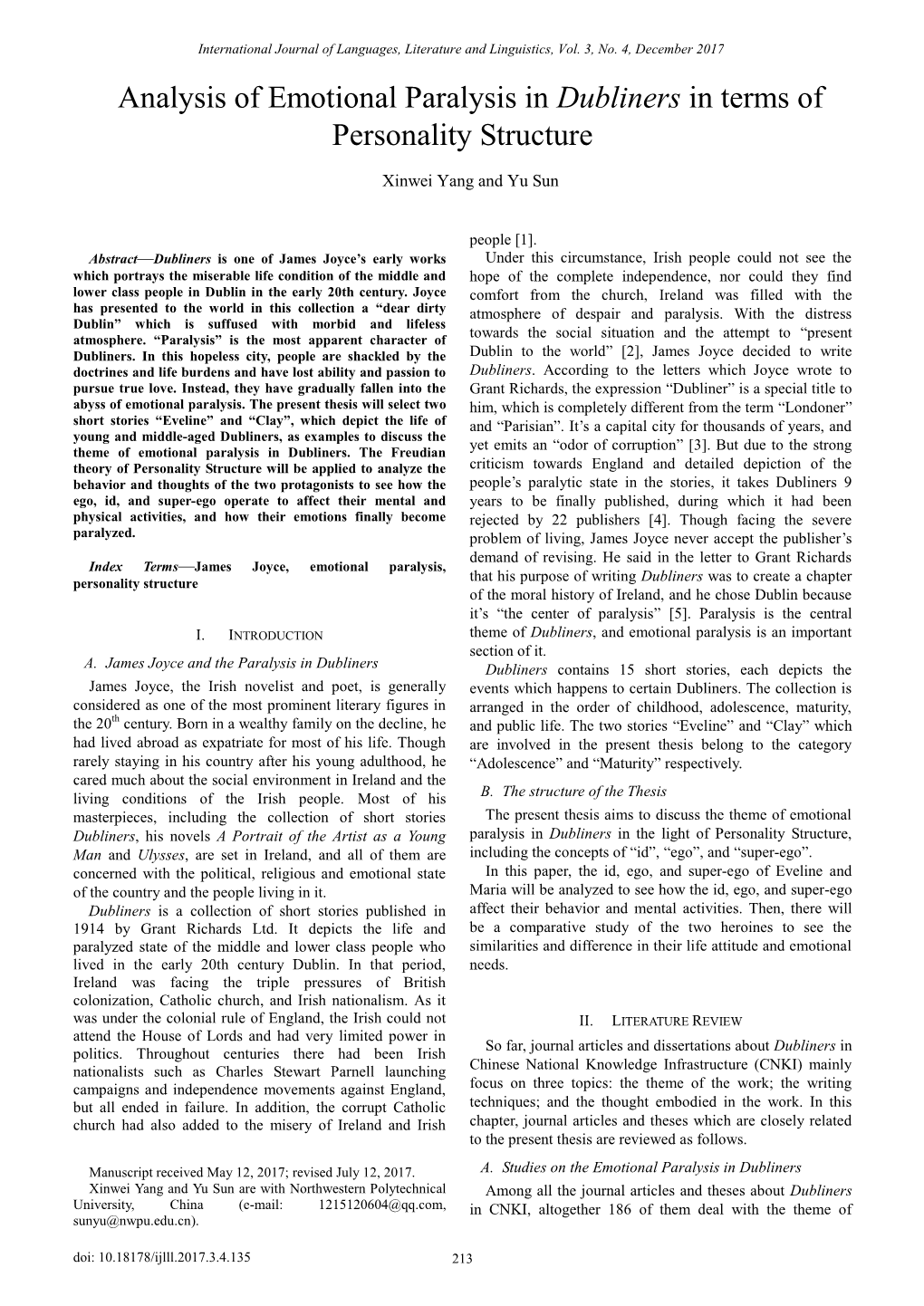 Analysis of Emotional Paralysis in Dubliners in Terms of Personality Structure