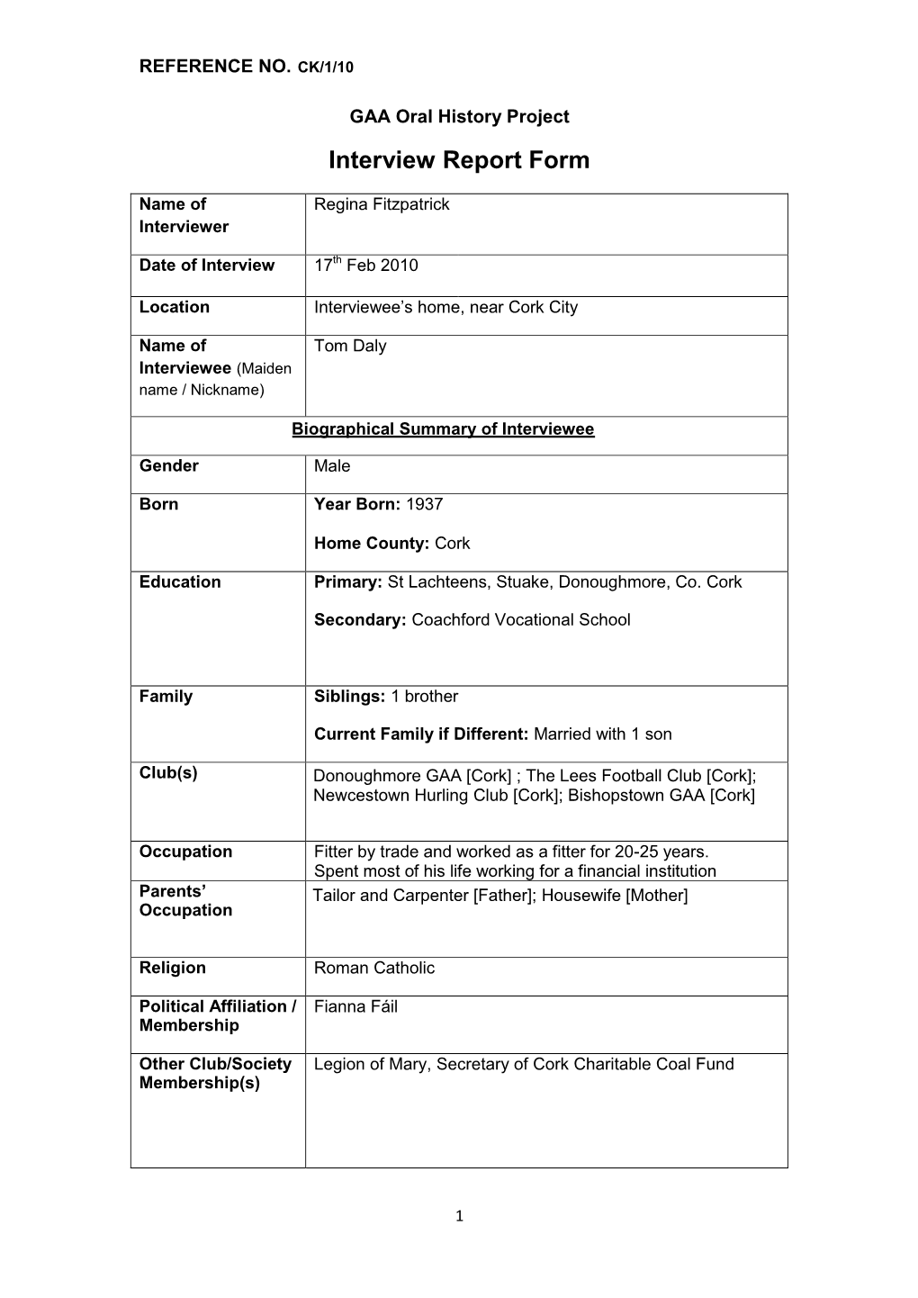 GAA Oral History Project Interview Report Form