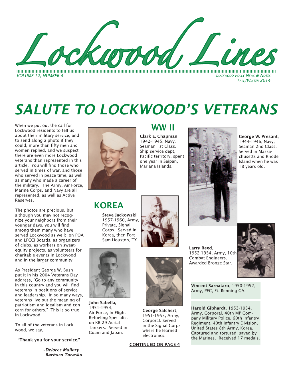 Lockwood Linesfall/Winter 2014 Salute to Lockwood’S Veterans