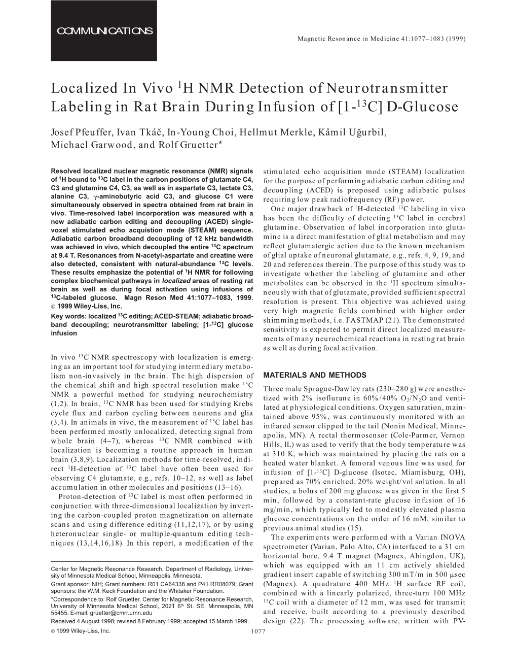 Localized in Vivo 1H NMR Detection of Neurotransmitter Labeling in Rat Brain During Infusion of [1-13C] D-Glucose