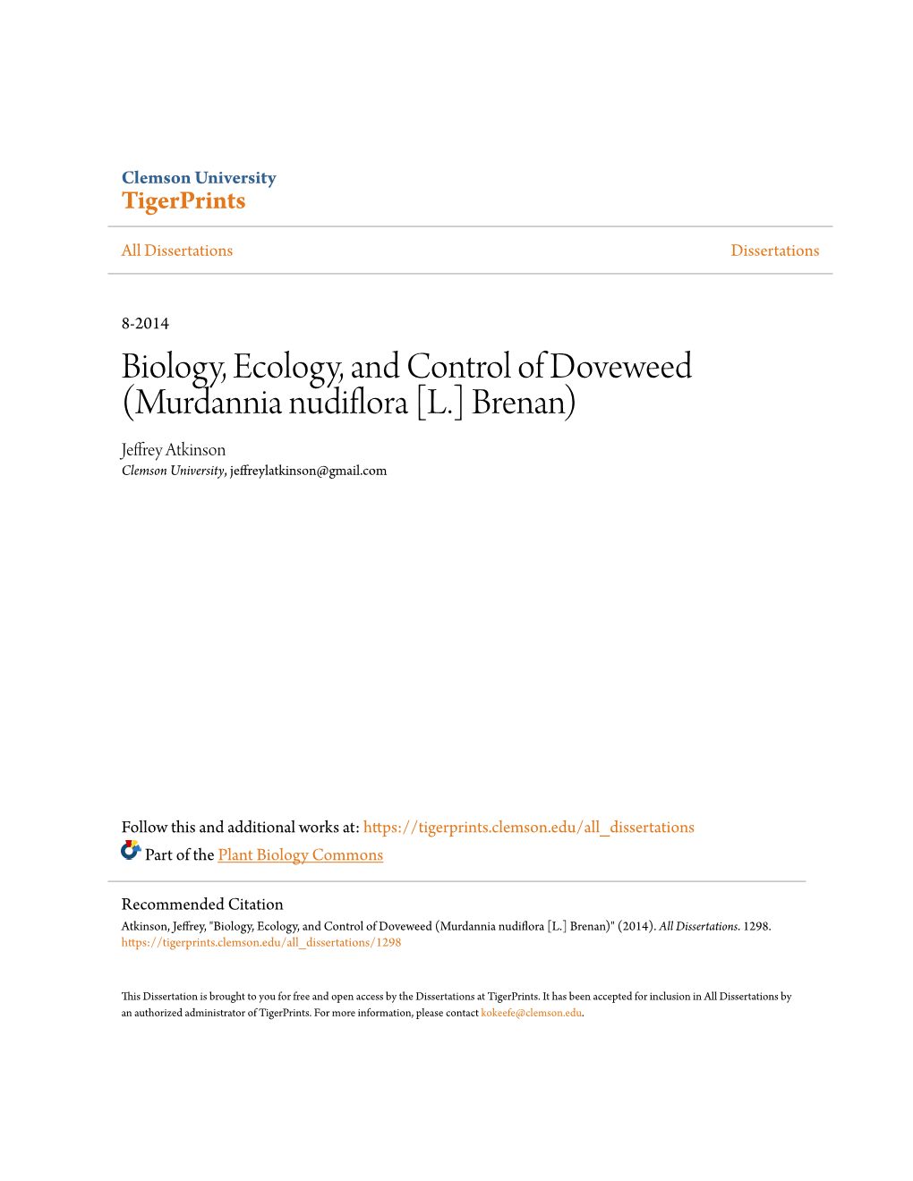 Biology, Ecology, and Control of Doveweed (Murdannia Nudiflora [L.] Brenan) Jeffrey Atkinson Clemson University, Jeffreylatkinson@Gmail.Com