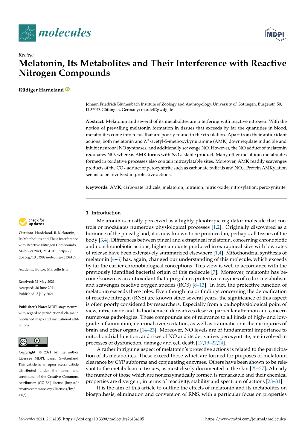 Melatonin, Its Metabolites and Their Interference with Reactive Nitrogen Compounds