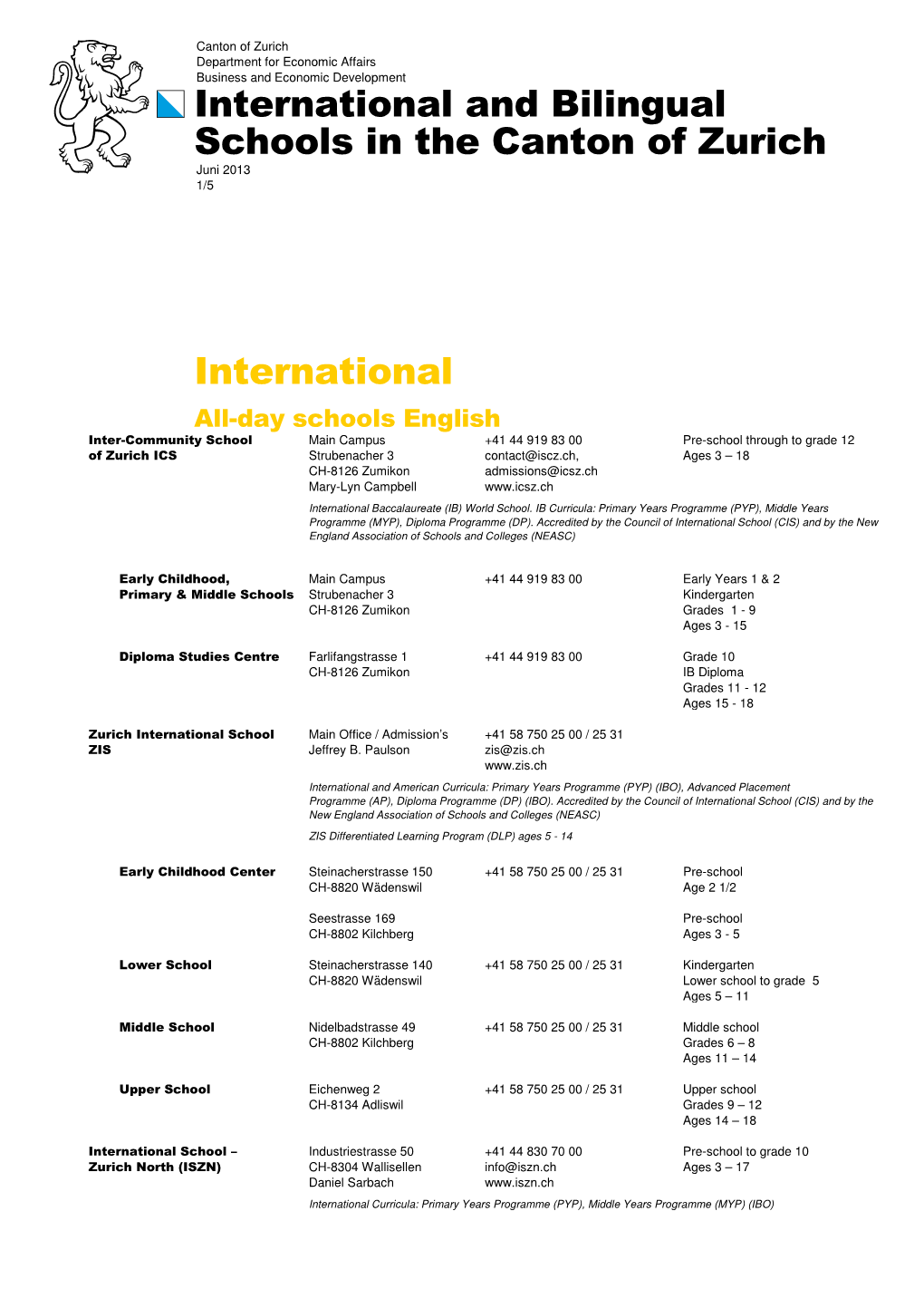 International and Bilingual Schools in the Canton of Zurich International