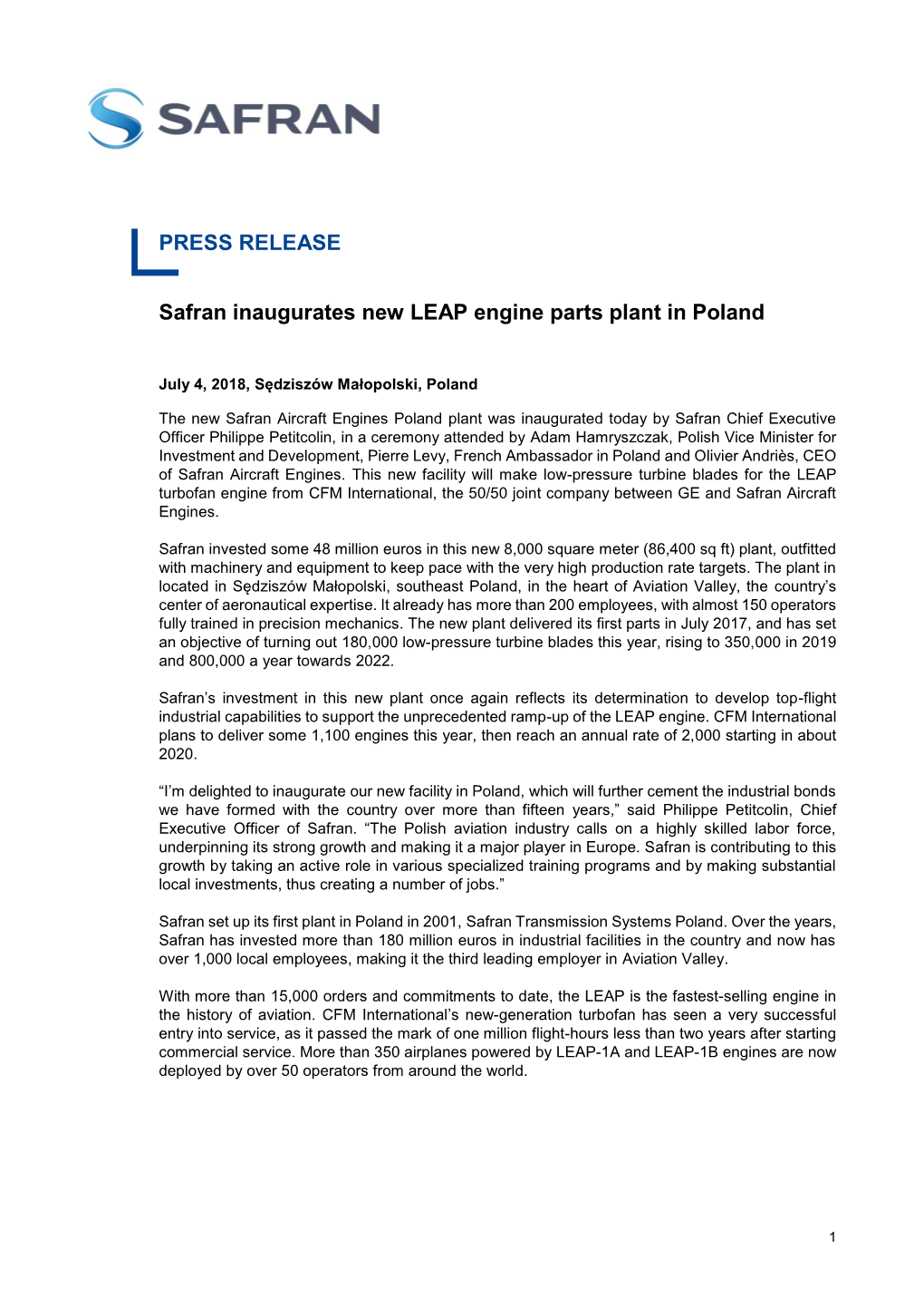 PRESS RELEASE Safran Inaugurates New LEAP Engine Parts Plant in Poland
