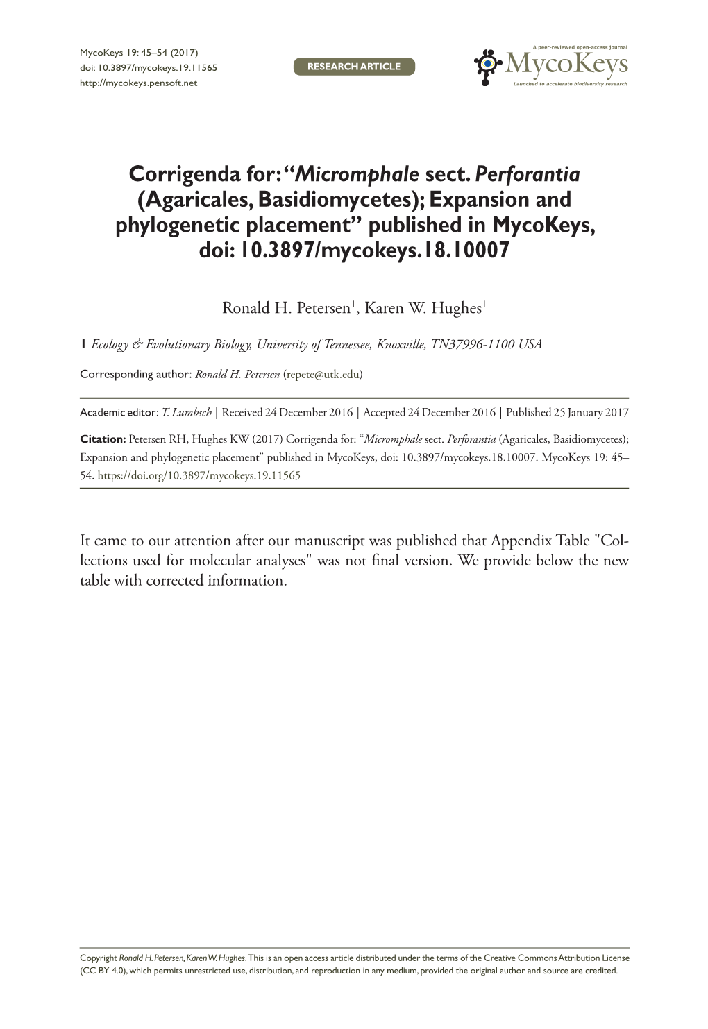 Micromphale Sect. Perforantia (Agaricales, Basidiomycetes); Expansion and Phylogenetic Placement” Published in Mycokeys, Doi: 10.3897/Mycokeys.18.10007