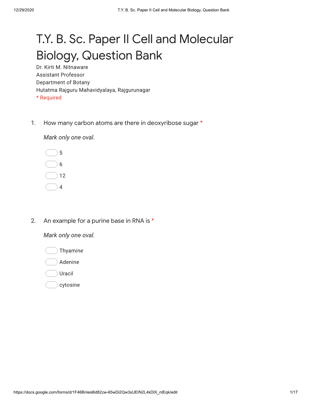 TYB Sc. Paper II Cell and Molecular Biology, Question Bank