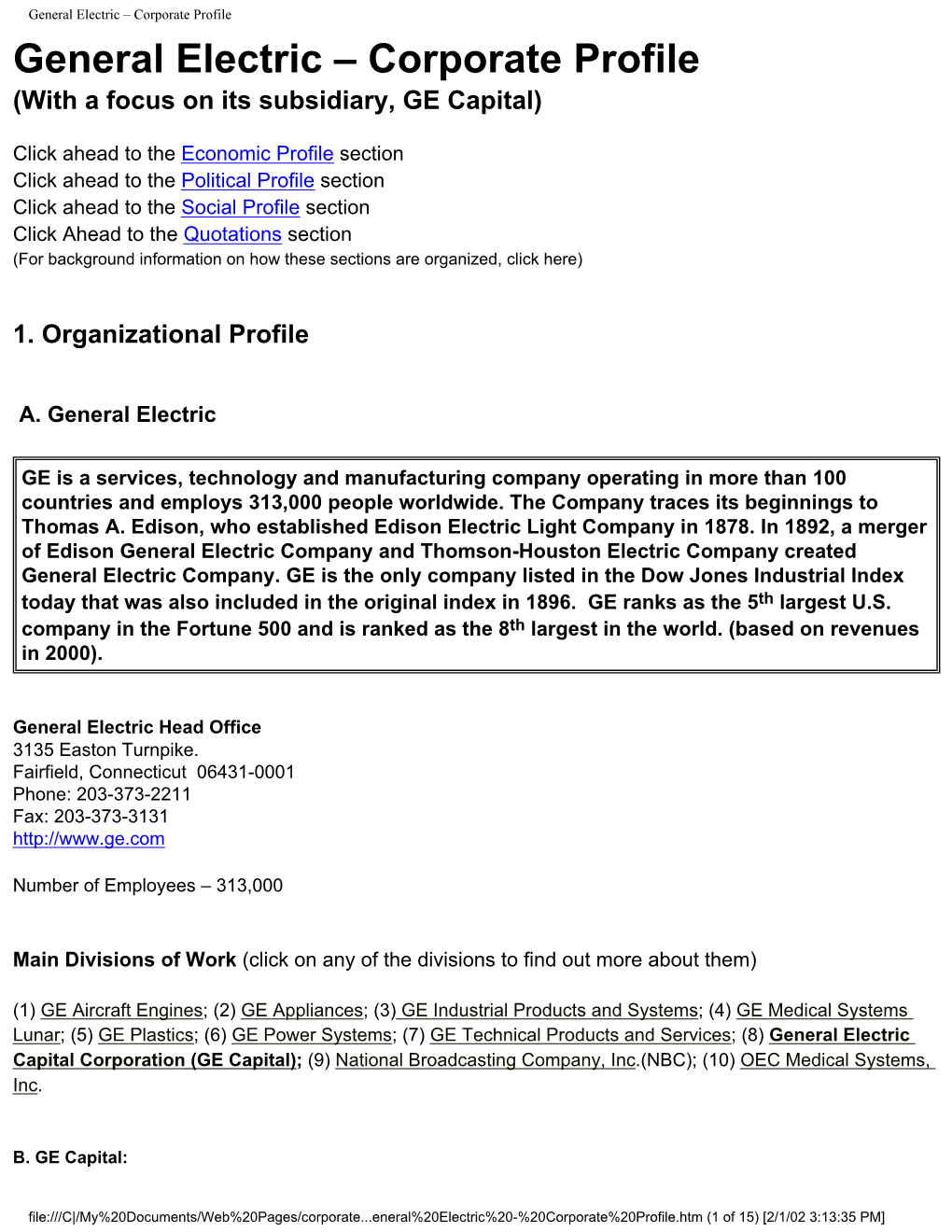 General Electric – Corporate Profile General Electric – Corporate Profile (With a Focus on Its Subsidiary, GE Capital)