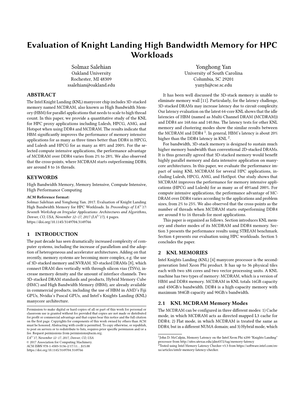 Evaluation of Knight Landing High Bandwidth Memory for HPC