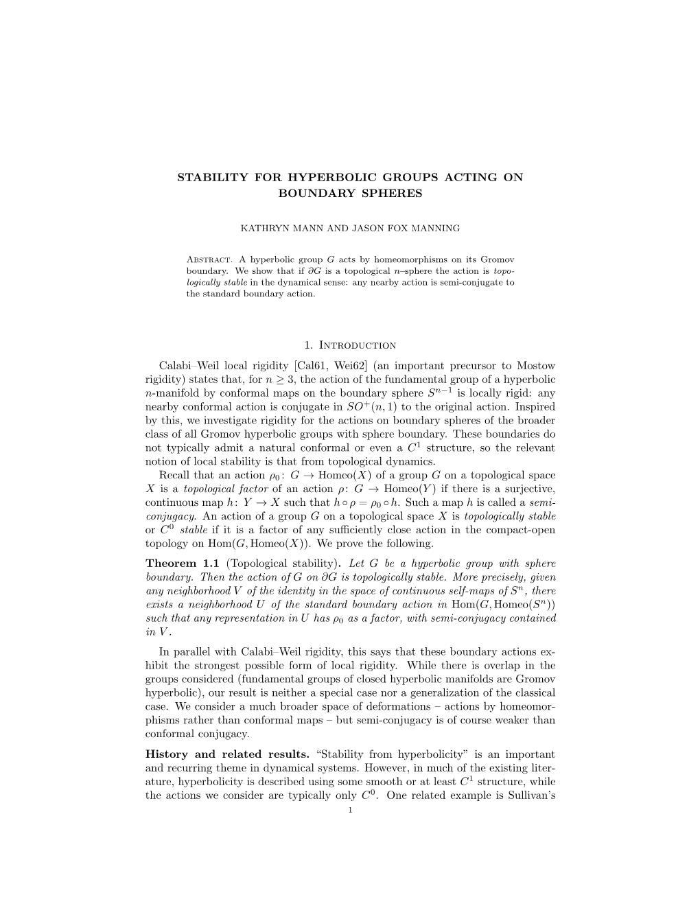 Stability for Hyperbolic Groups Acting on Boundary Spheres