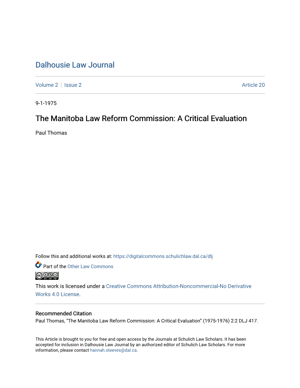 The Manitoba Law Reform Commission: a Critical Evaluation