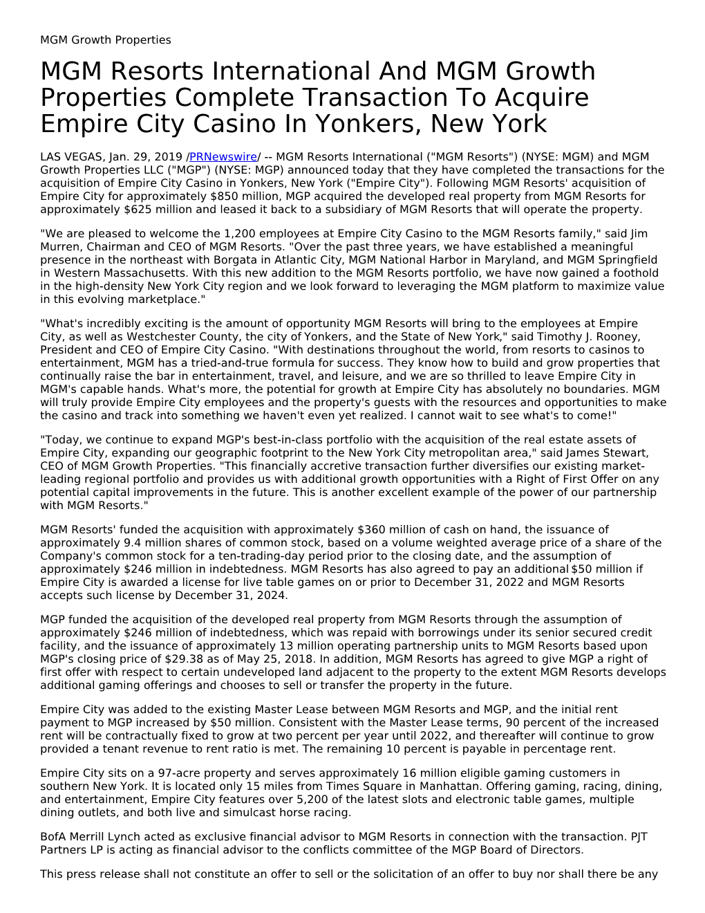 MGM Resorts International and MGM Growth Properties Complete Transaction to Acquire Empire City Casino in Yonkers, New York