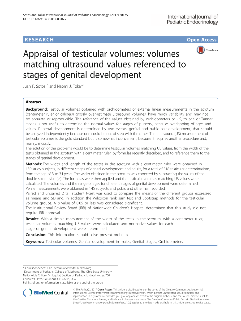 Appraisal of Testicular Volumes: Volumes Matching Ultrasound Values Referenced to Stages of Genital Development Juan F
