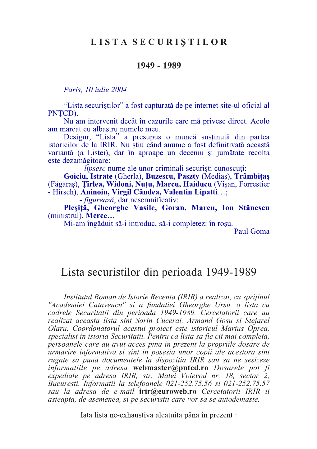 Lista Securistilor 1949-1989