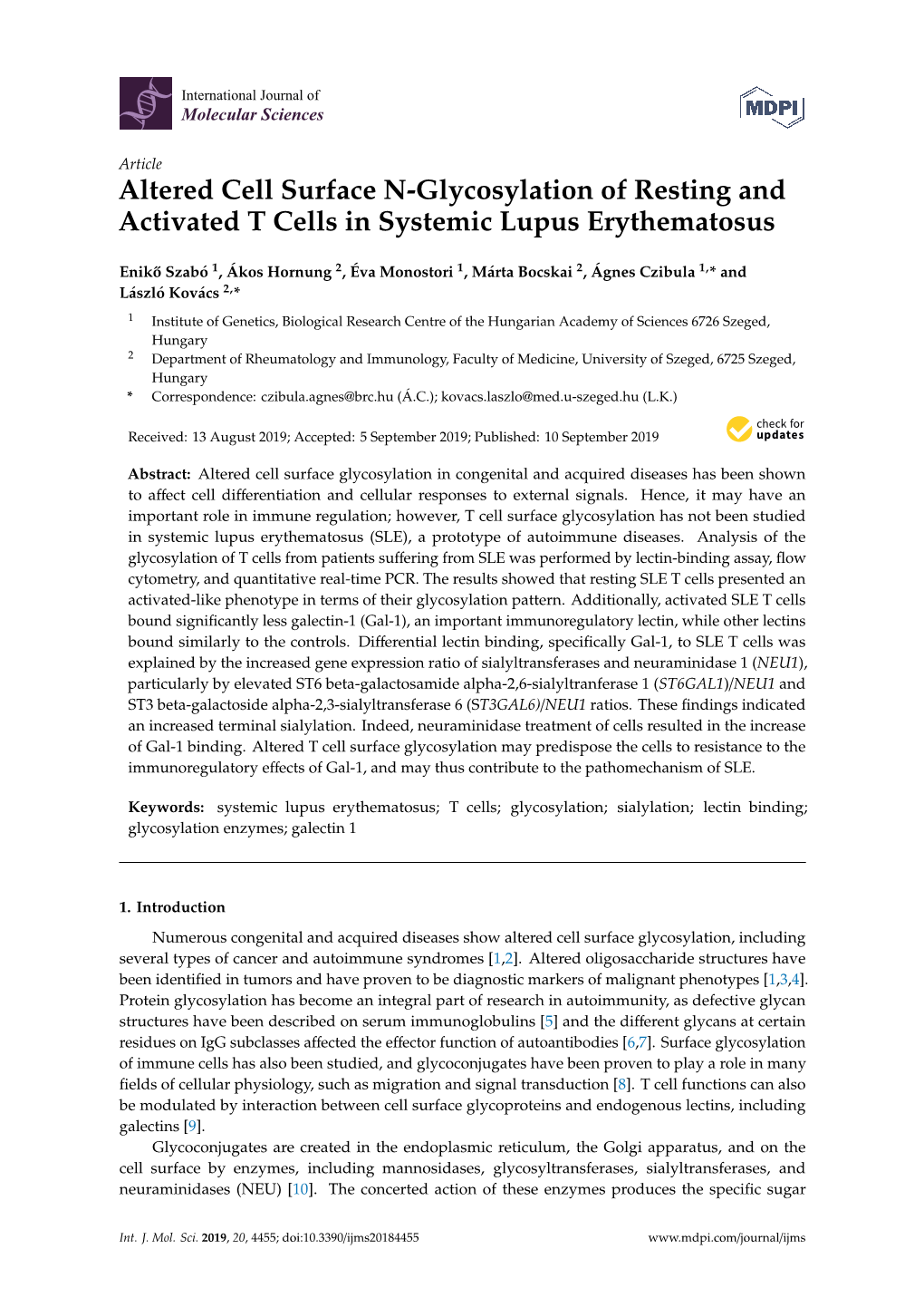 Altered Cell Surface N-Glycosylation of Resting and Activated T Cells in Systemic Lupus Erythematosus