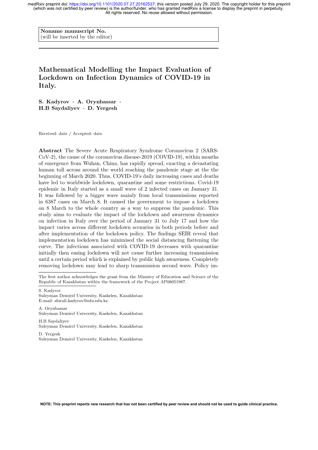 Mathematical Modelling the Impact Evaluation of Lockdown on Infection Dynamics of COVID-19 in Italy