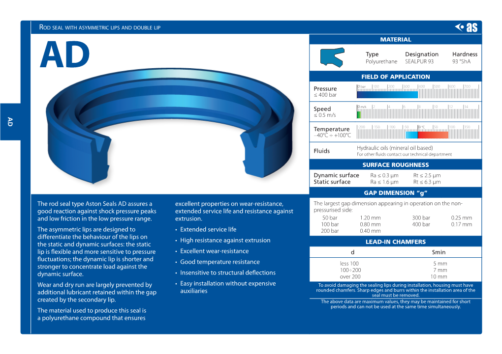 AD the Rod Seal Type Aston Seals AD Assures a Good Reaction Against