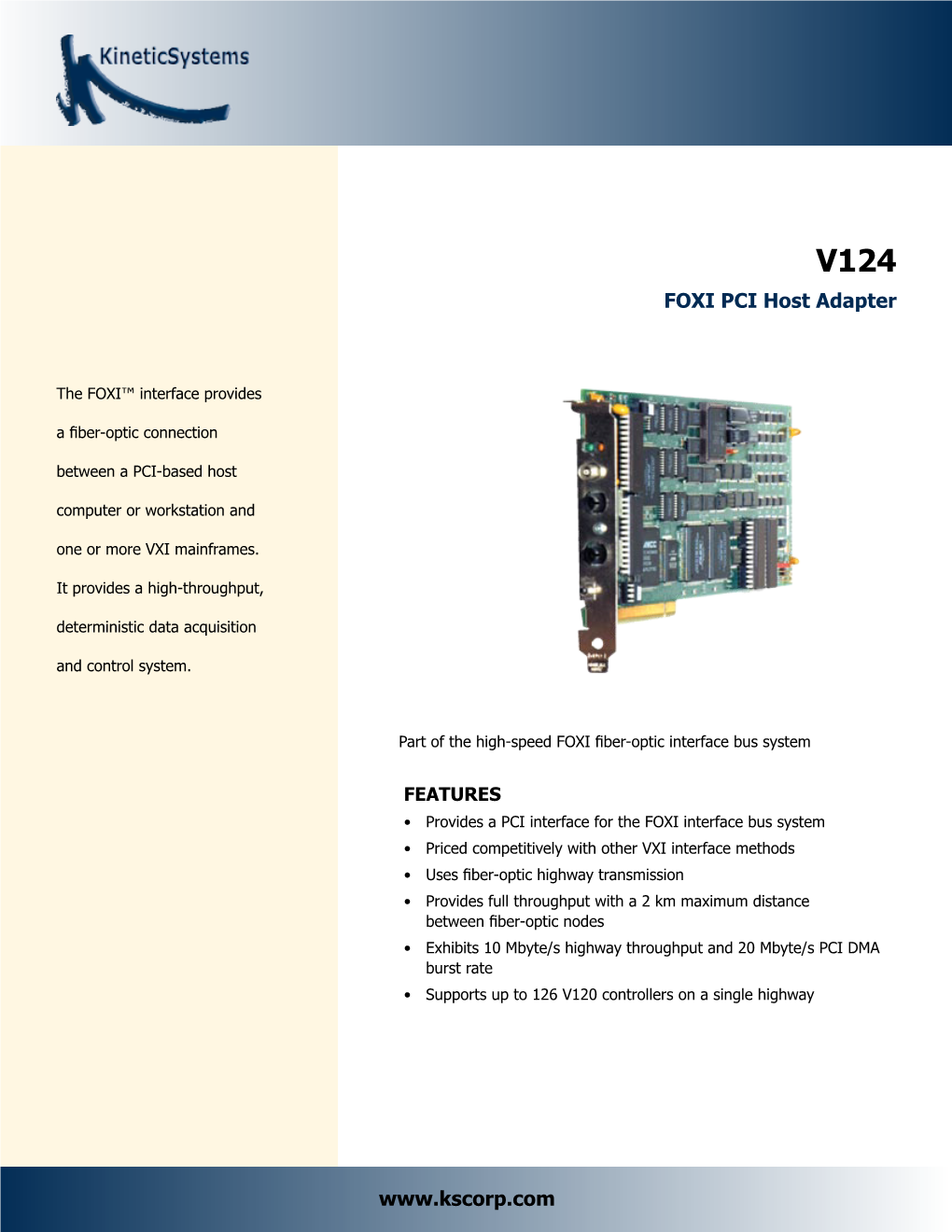 Kineticsystems VXI Fiber-Optic FOXI PCI Host Adapter Data Sheet