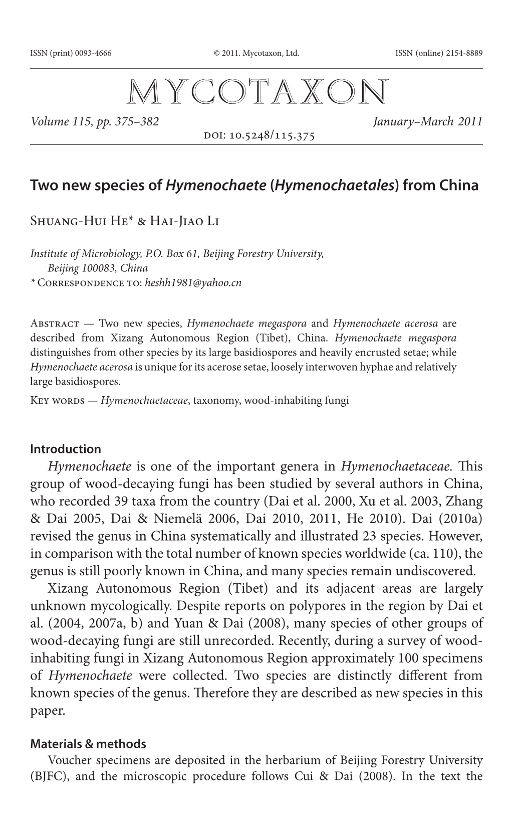 Two New Species of &lt;I&gt;Hymenochaete&lt;/I&gt; (&lt;I