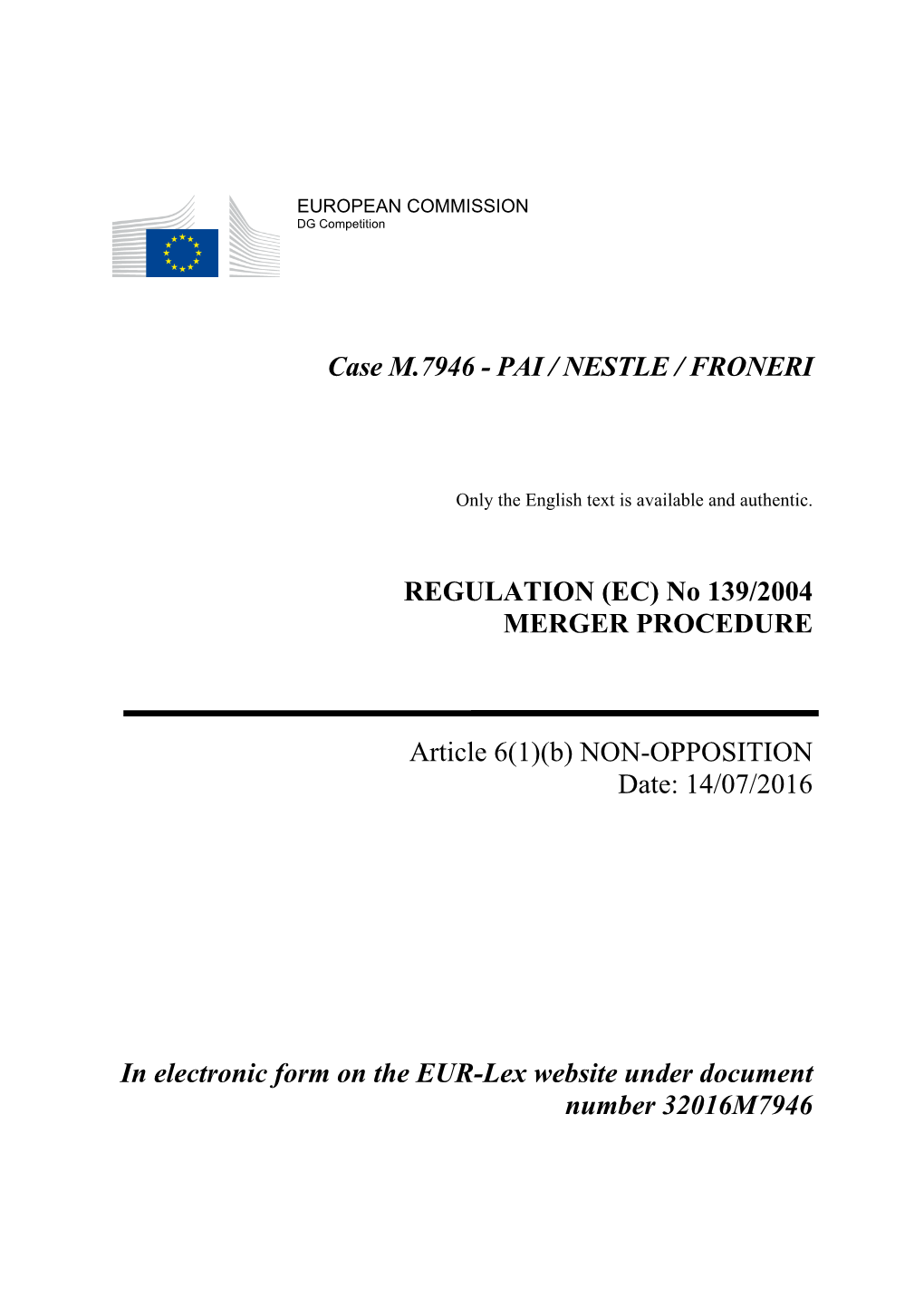 Case M.7946 - PAI / NESTLE / FRONERI