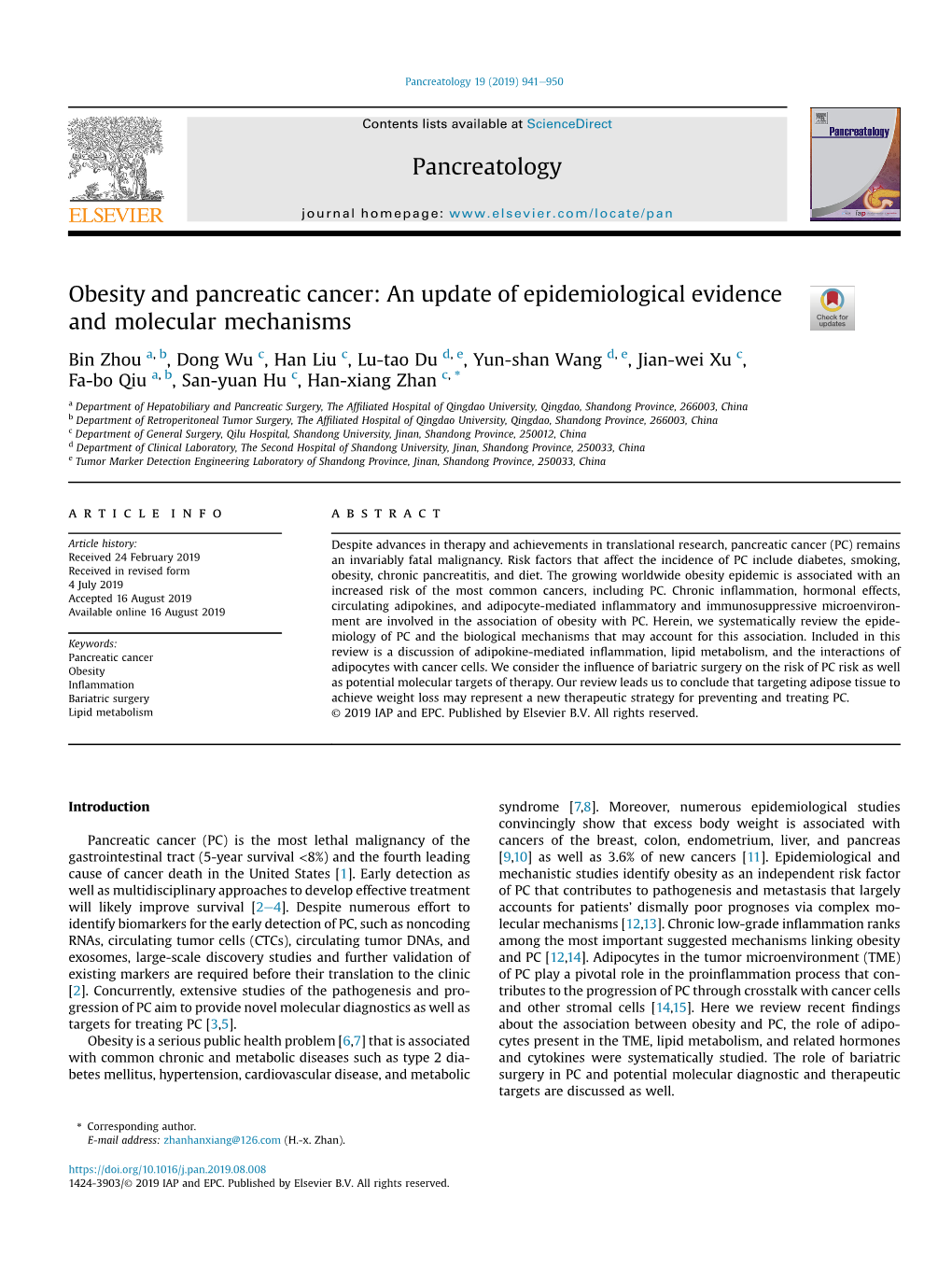 Obesity and Pancreatic Cancer: an Update of Epidemiological Evidence and Molecular Mechanisms