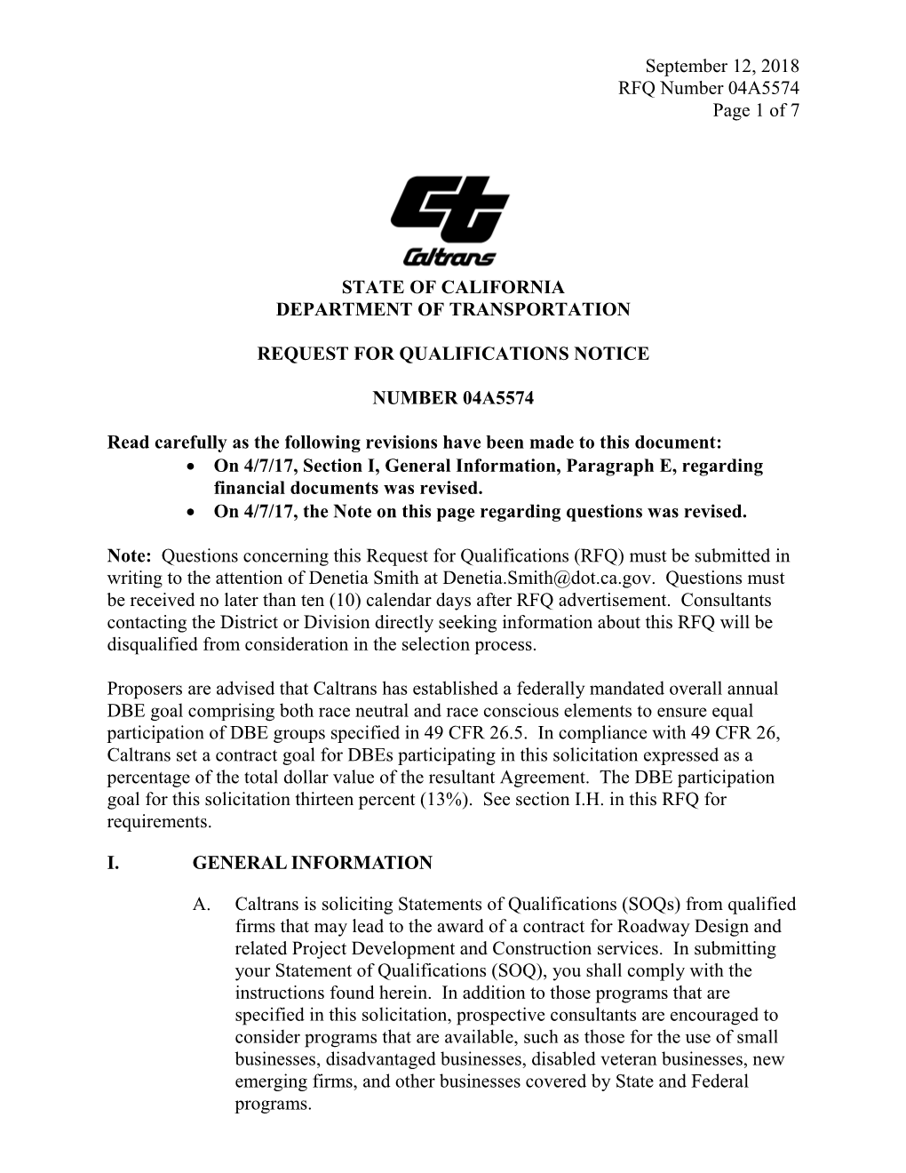 September 12, 2018 RFQ Number 04A5574 Page 1 of 7