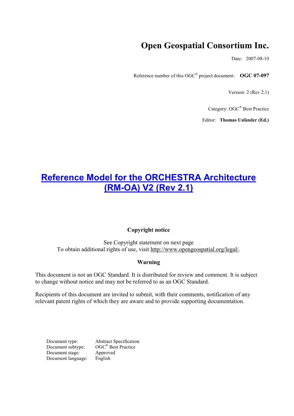 Reference Model for the ORCHESTRA Architecture (RM-OA) V2 (Rev 2.1)