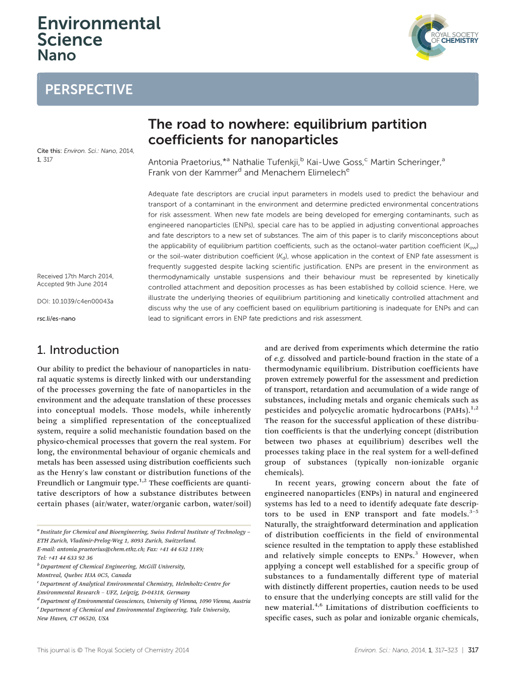 The Road to Nowhere: Equilibrium Partition Coefficients for Nanoparticles Cite This: Environ