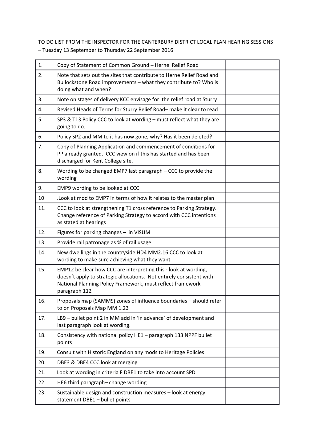 TO DO LIST from the INSPECTOR for the CANTERBURY DISTRICT LOCAL PLAN HEARING SESSIONS Tuesday