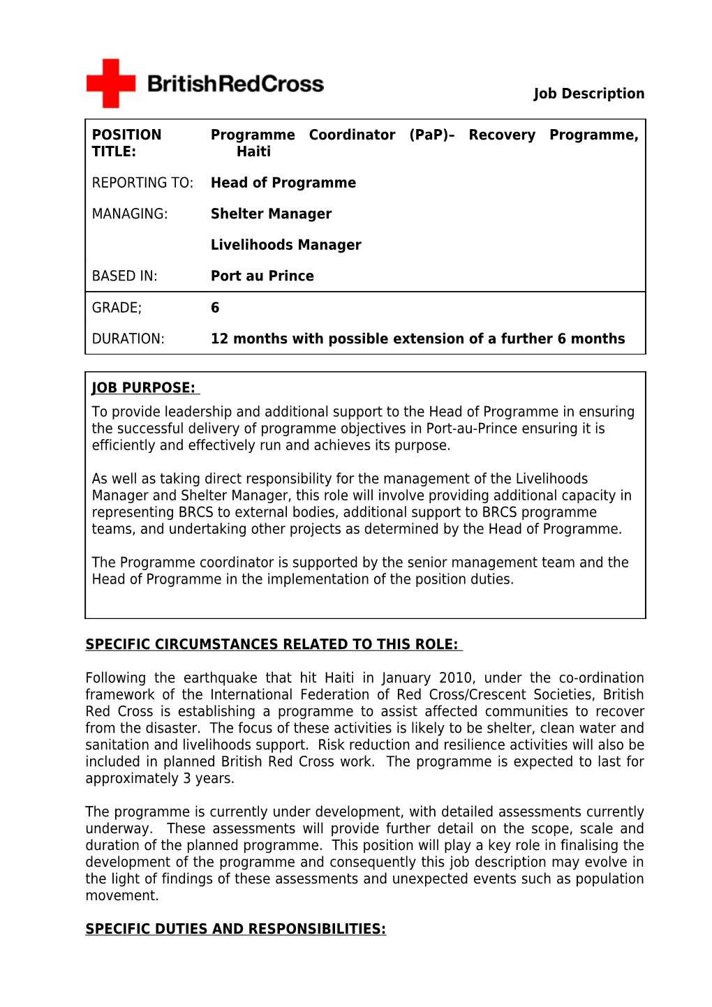 Programme Coordinator (Pap) Recovery Programme, Haiti