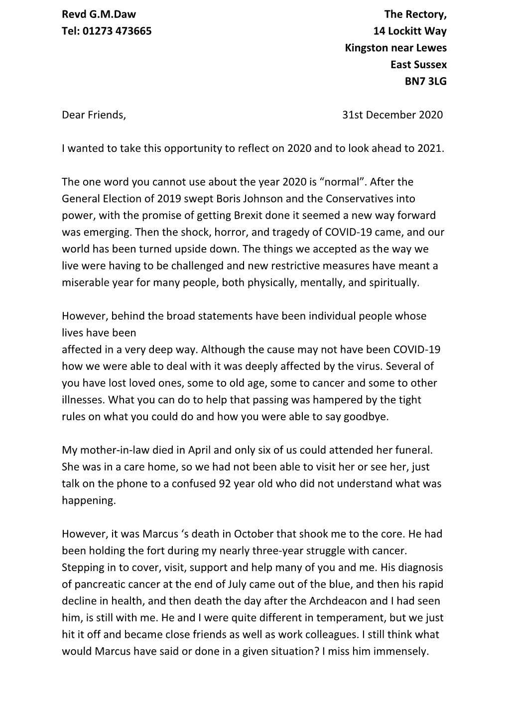 New Year Letter from the Revd Geoff