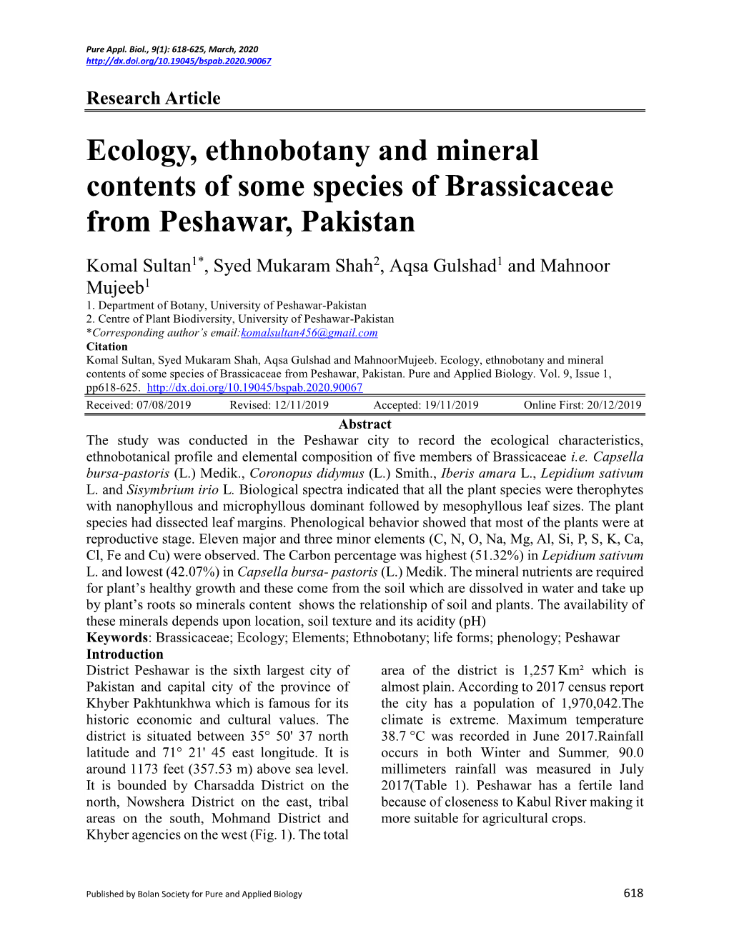 Ecology, Ethnobotany and Mineral Contents of Some Species of Brassicaceae from Peshawar, Pakistan