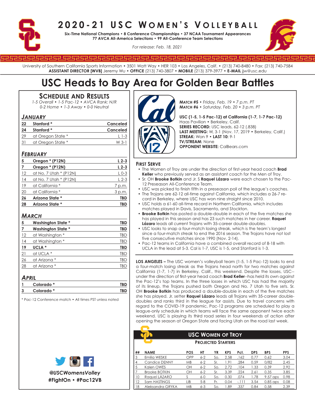 USC Heads to Bay Area for Golden Bear Battles Schedule and Results 1-5 Overall • 1-5 Pac-12 • AVCA Rank: N/R Match #5 • Friday, Feb