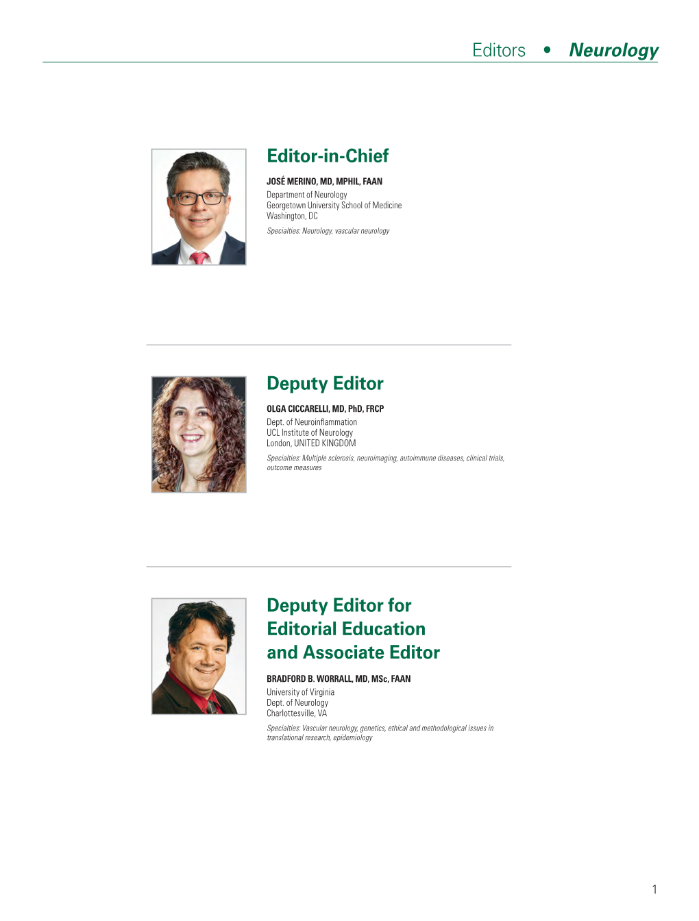 Editors • Neurology Editor-In-Chief Deputy Editor Deputy Editor For