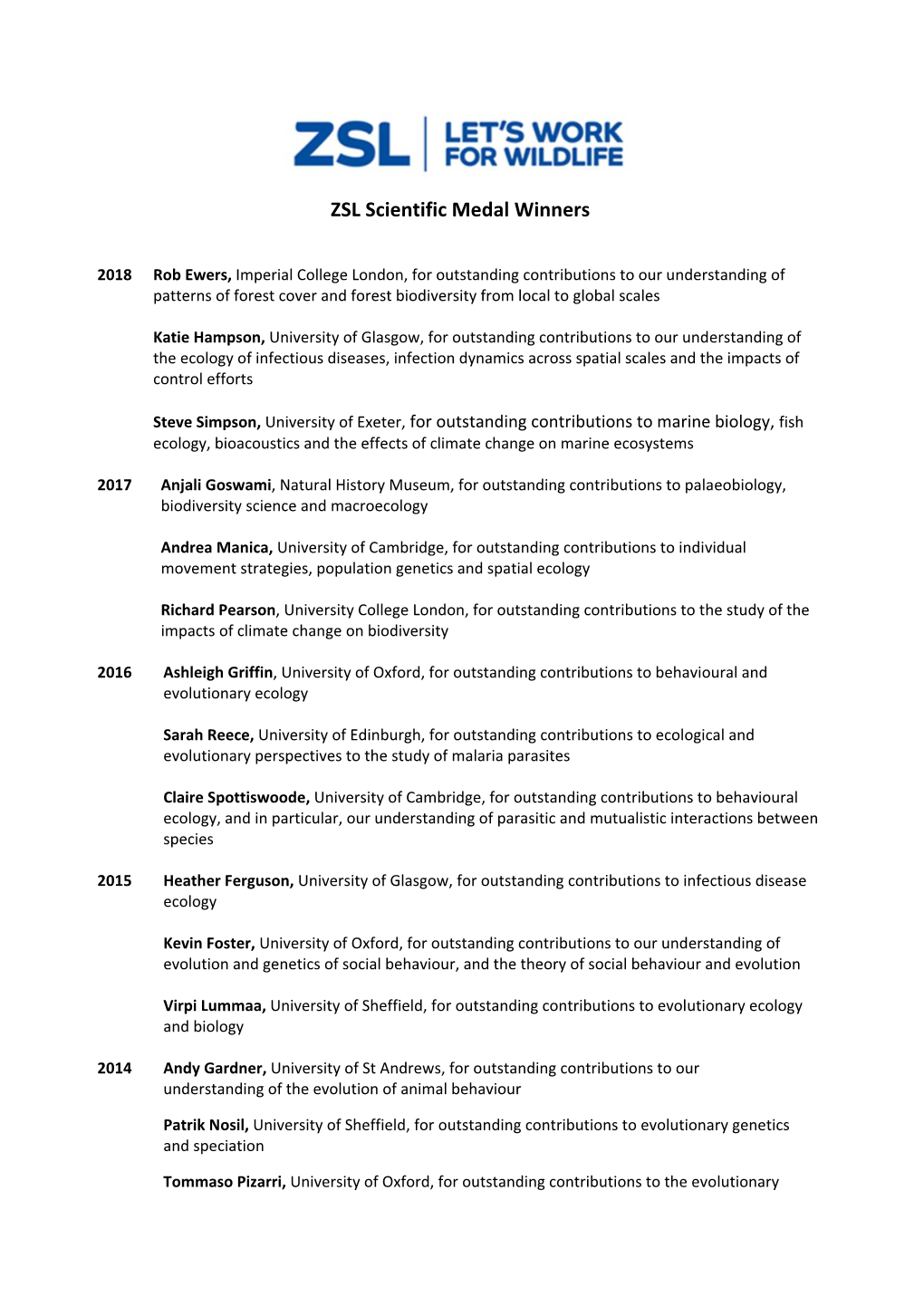 ZSL Scientific Medal Winners