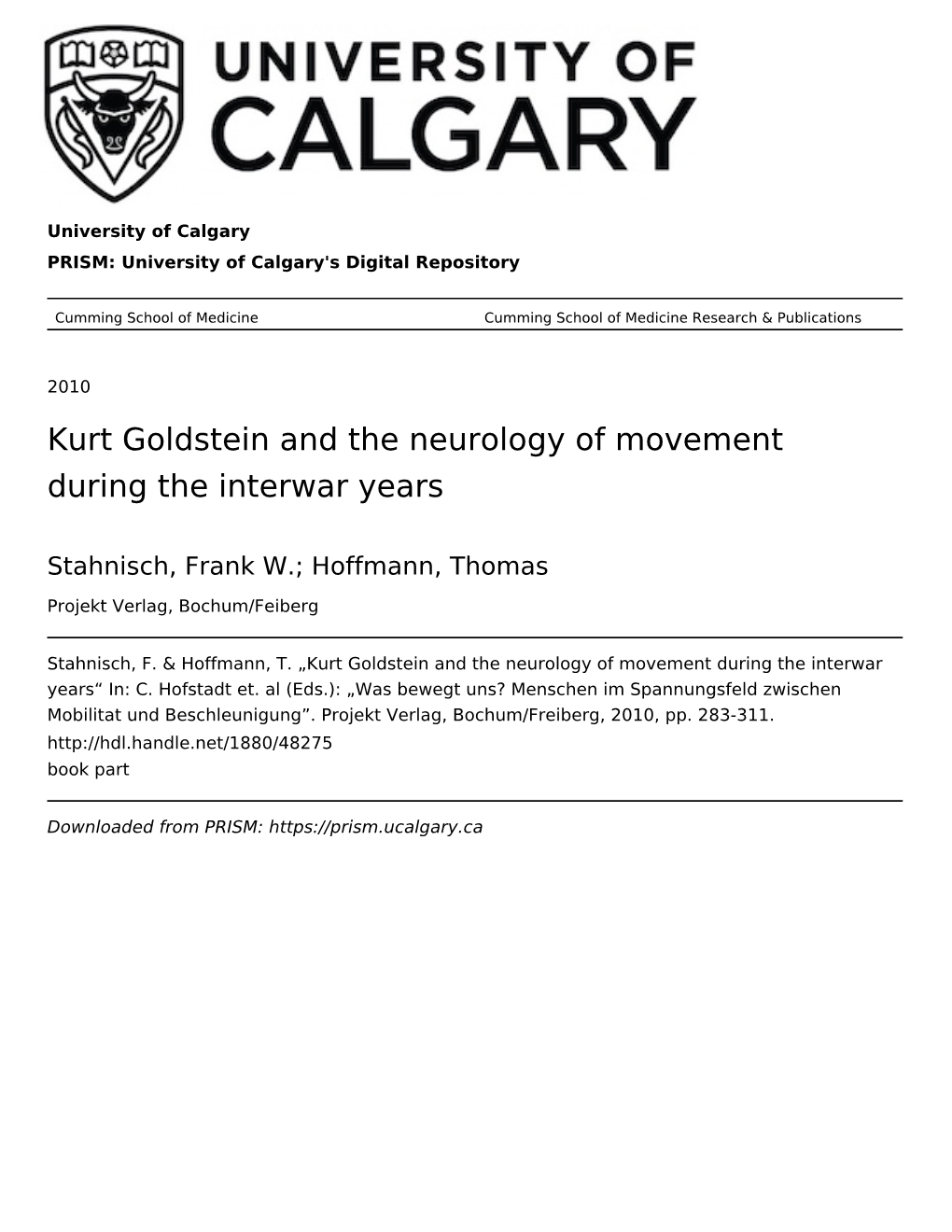 Kurt Goldstein and the Neurology of Movement During the Interwar Years