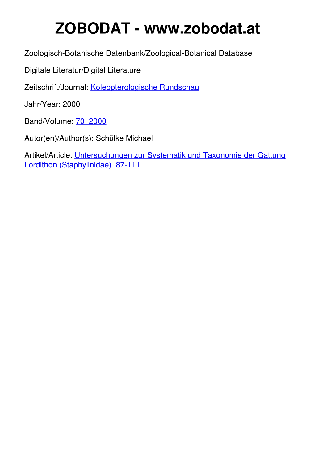 Untersuchungen Zur Systematik Und Taxonomie Der Gattung Lordithon (Staphylinidae)