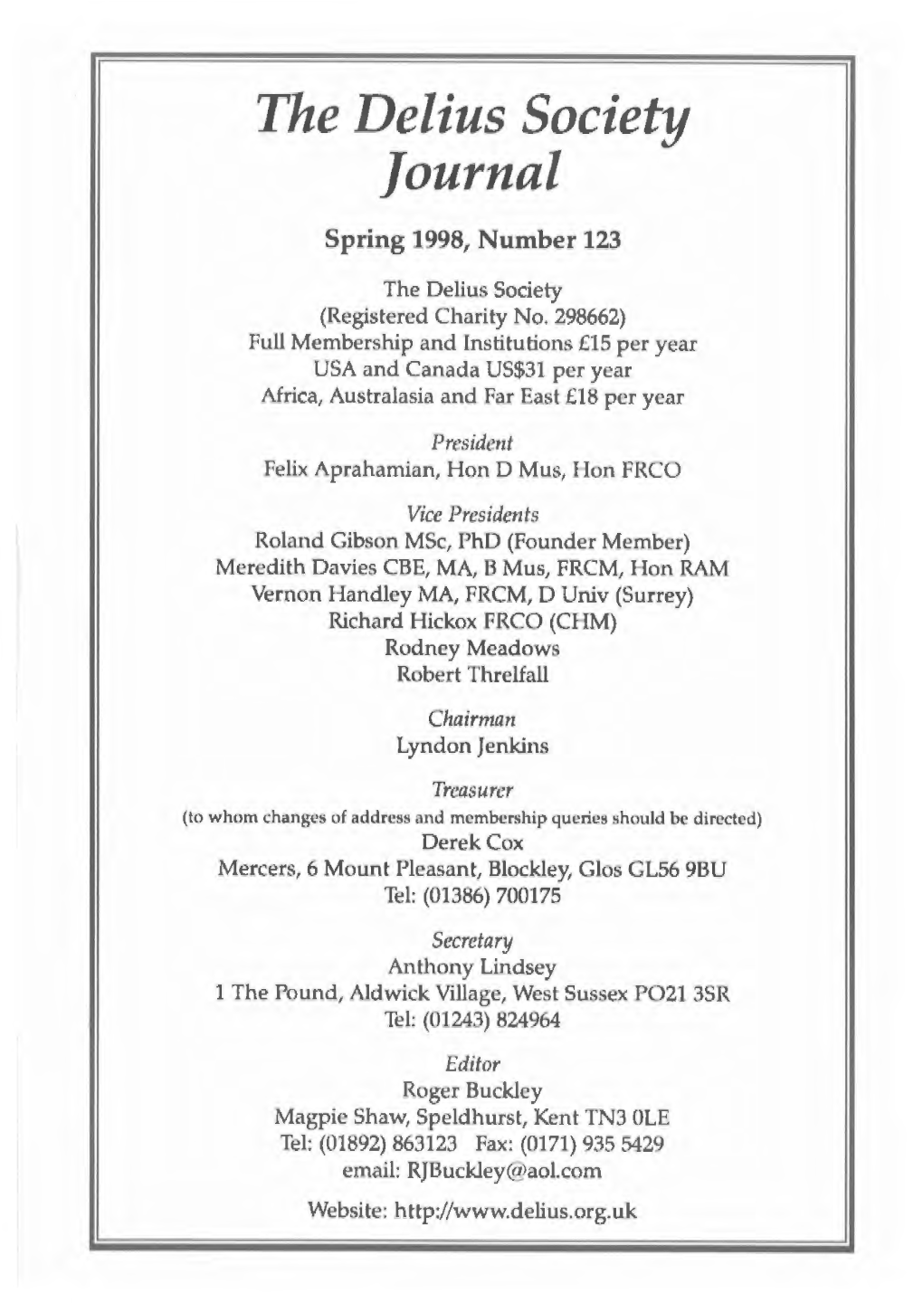 The Delius Society Journal Spring 1998, Number 123