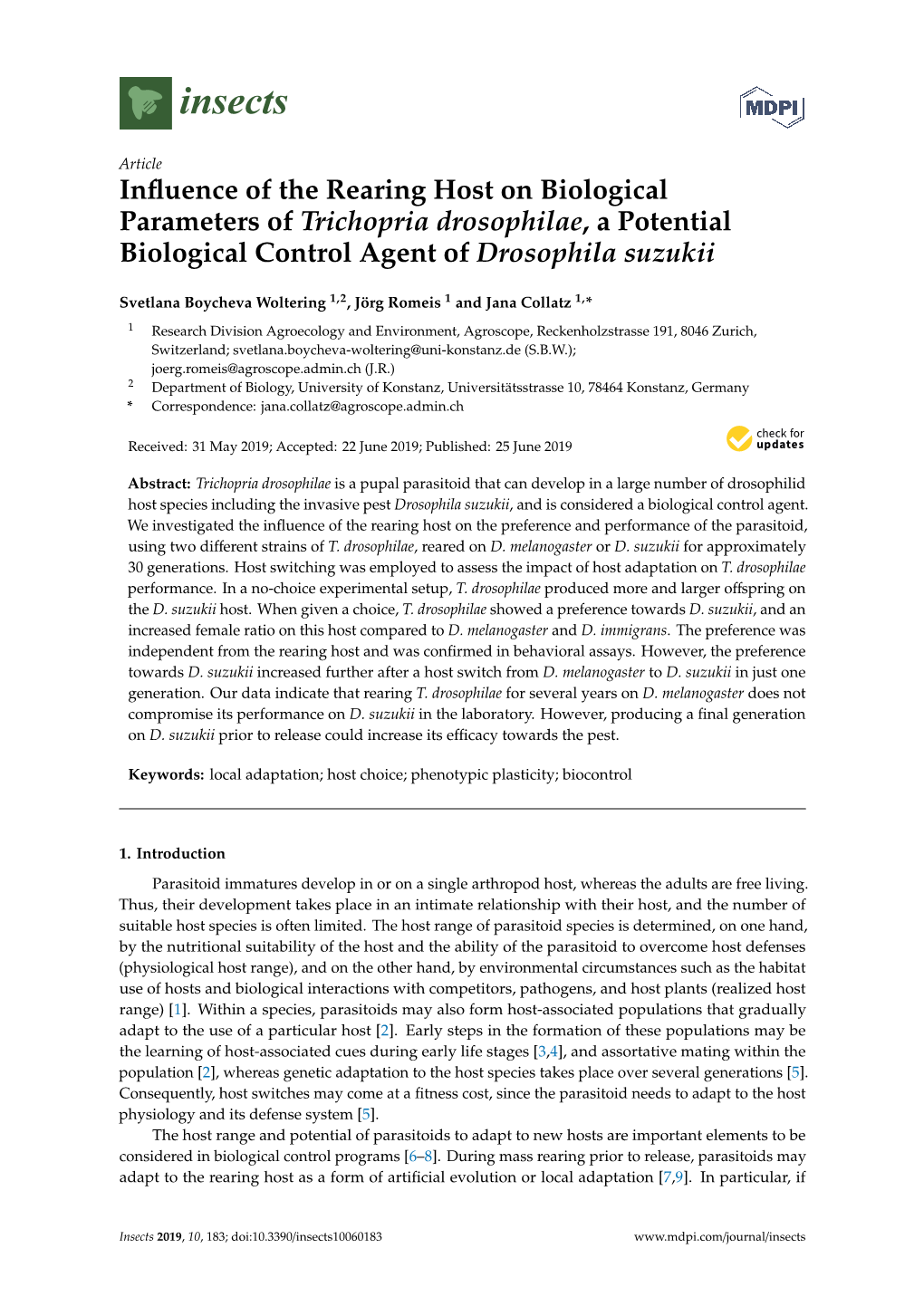 Influence of the Rearing Host on Biological Parameters of Trichopria