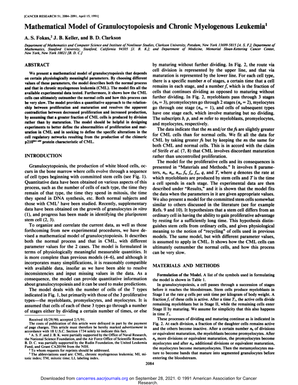 Mathematical Model of Granulocytopoiesis and Chronic Myelogenous Leukemia1