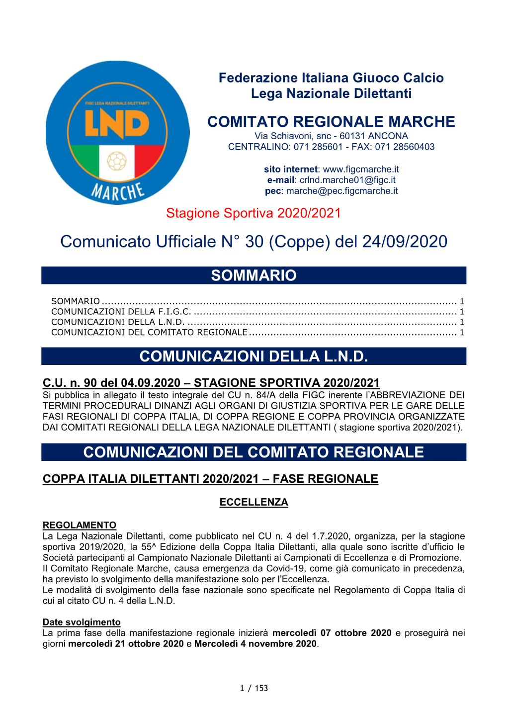 Regolamento E Programma Coppa Italia D'eccellenza Marche 2020-21