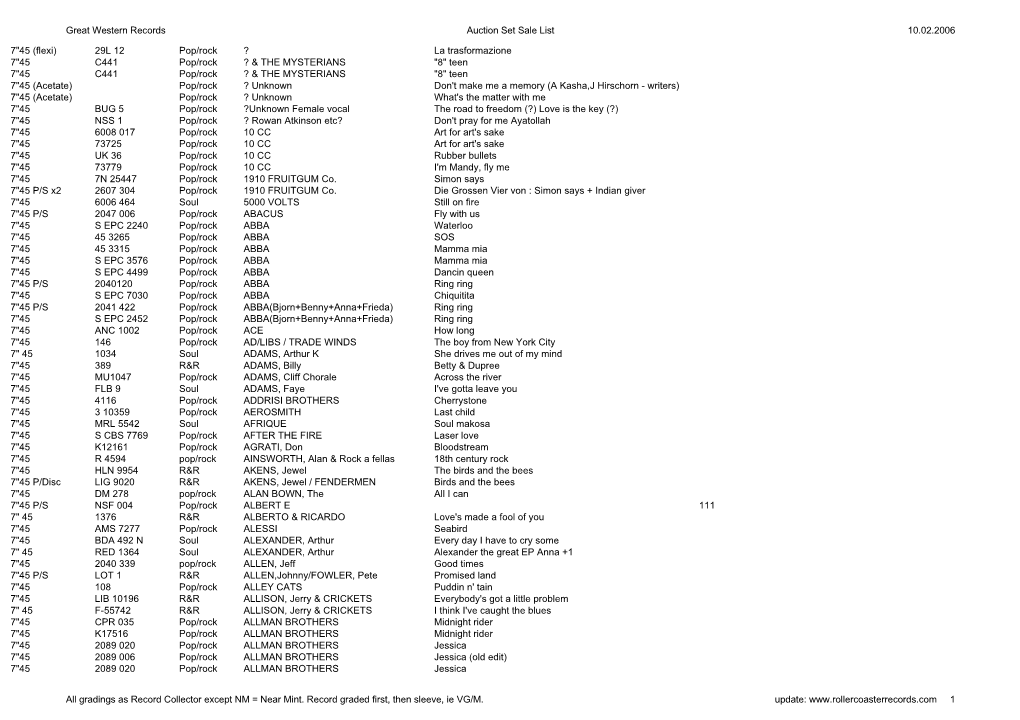 Great Western Records Auction Set Sale List 10.02.2006 All Gradings