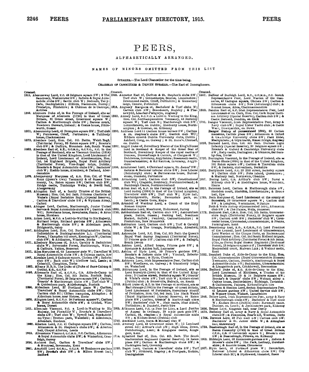 Peers Parliamentary Directory, 1915. Peers