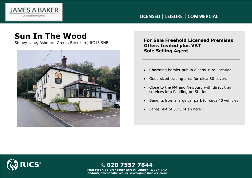 Sun in the Wood for Sale Freehold Licensed Premises Stoney Lane, Ashmore Green, Berkshire, RG18 9HF Offers Invited Plus VAT Sole Selling Agent