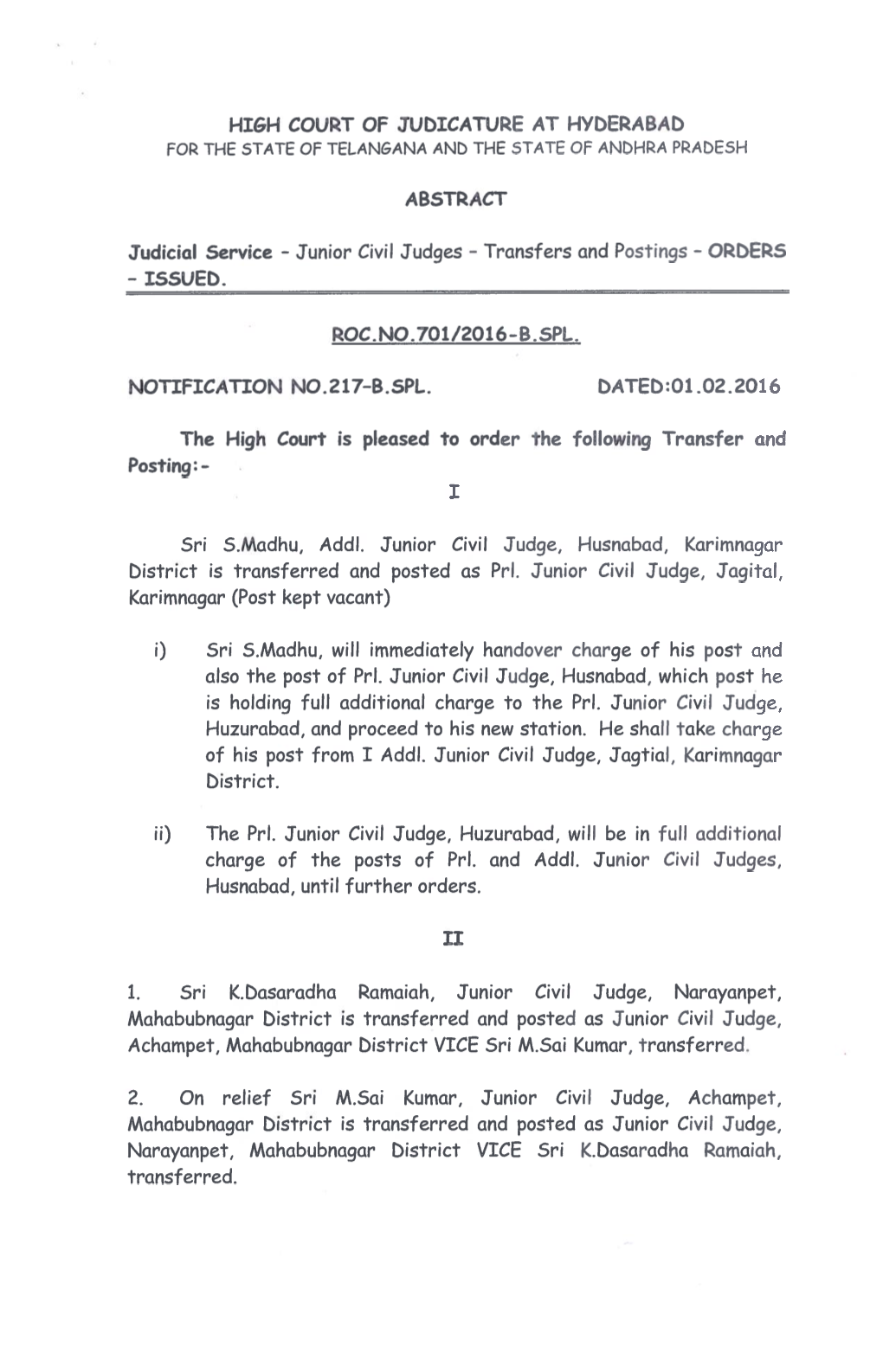 Junior Civil Judges - Transfers and Postings - ORDERS