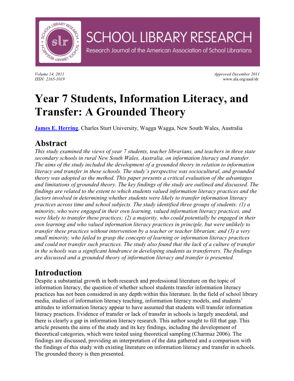 Year 7 Students, Information Literacy, and Transfer: a Grounded Theory